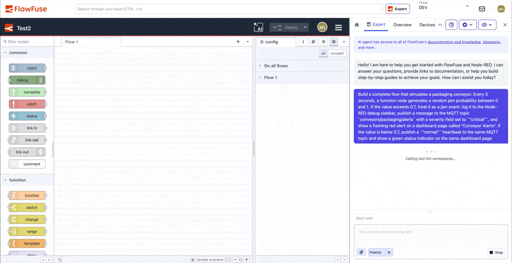 FlowFuse Expert assembling flows on the Node-RED workspace from a chat prompt