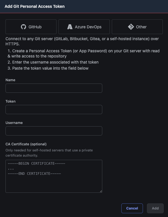 The Add Git Token dialog showing the GitHub, Azure DevOps, and Other provider options, with the Other option selected and the username and CA certificate fields visible