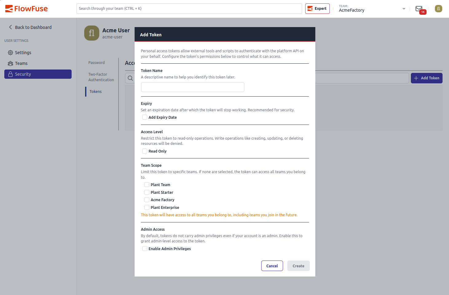 Creating a new scoped Personal Access Token