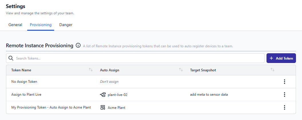 Screenshot of FlowFuse Remote Instance Provisioning Tokens