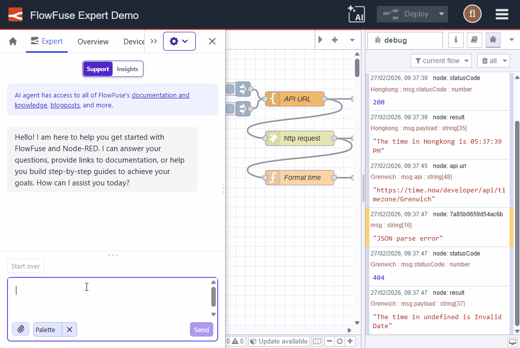 Debug Context discussion with the FlowFuse Expert.