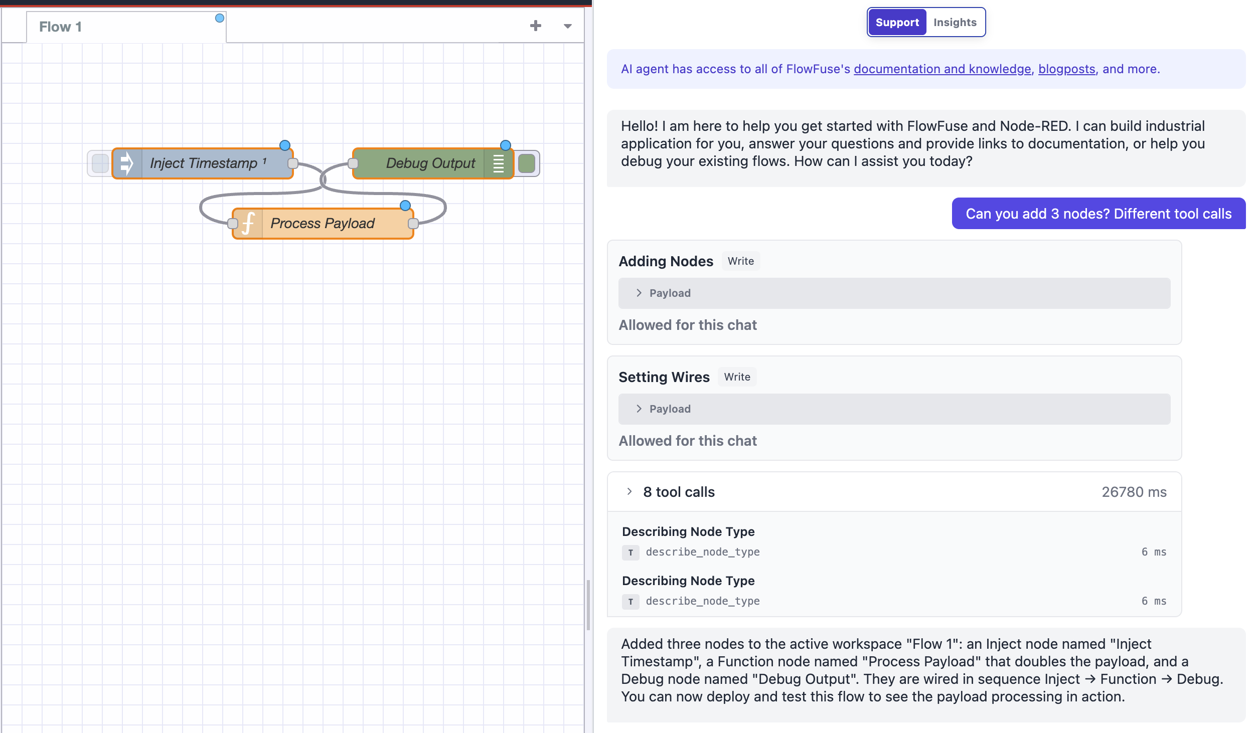The chat after actions have been approved, each card showing its action type and that it is allowed for the current chat
