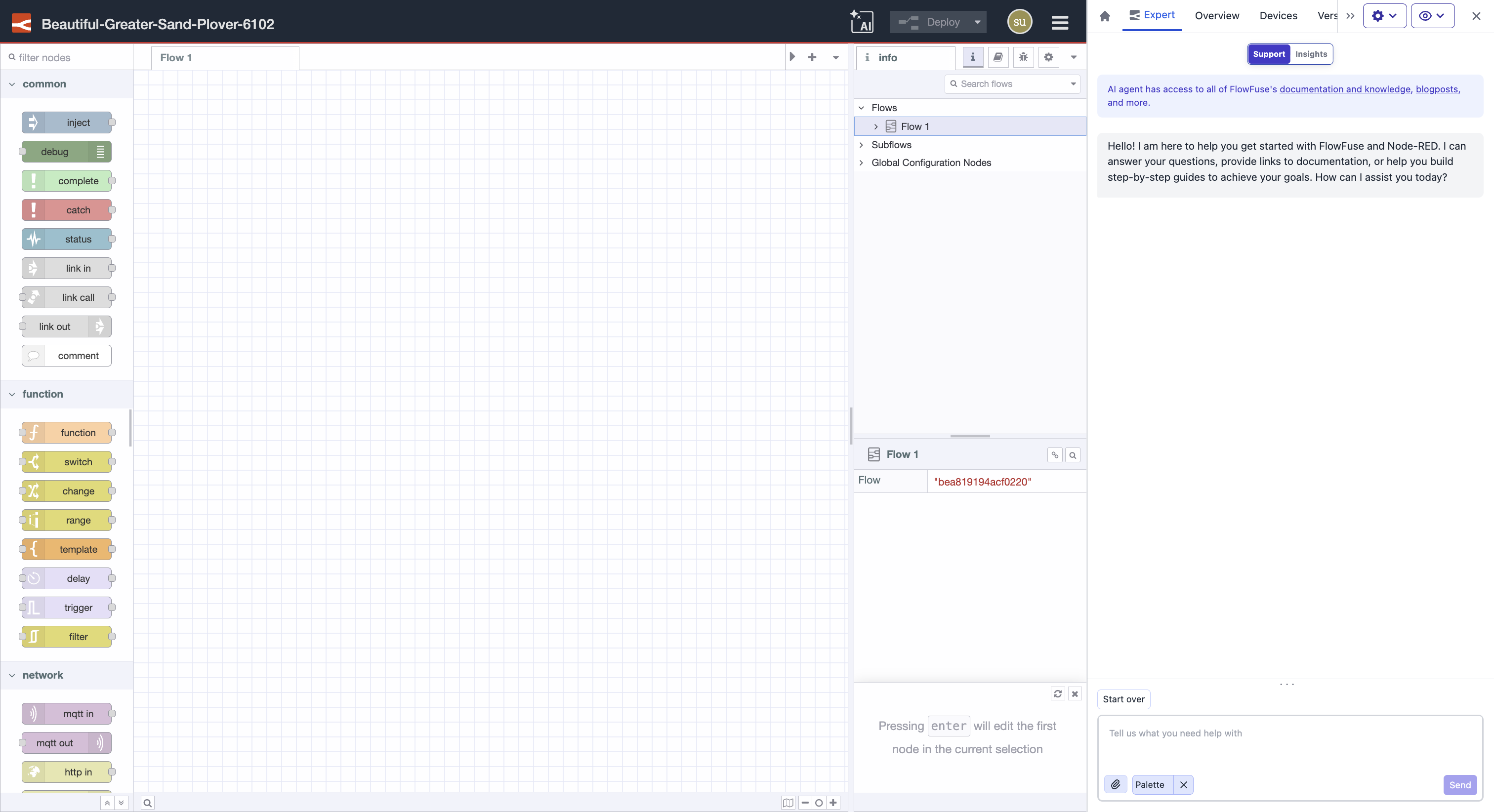 "Chat interface of FlowFuse Expert alongside the Node-RED editor"