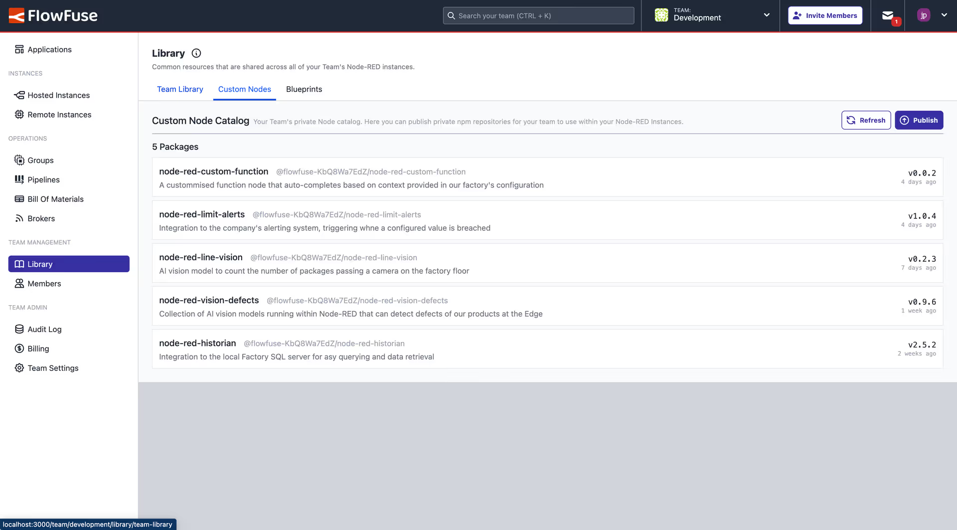 Screenshot of the "Custom Nodes" view in the Team Library