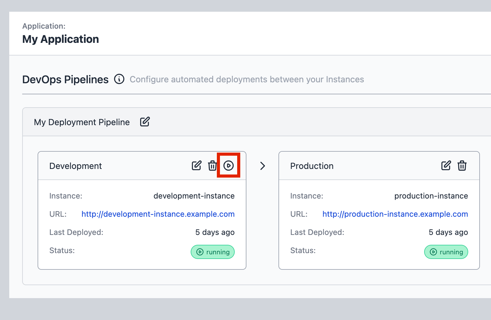 Running a pipeline stage by clicking the play icon on the source stage