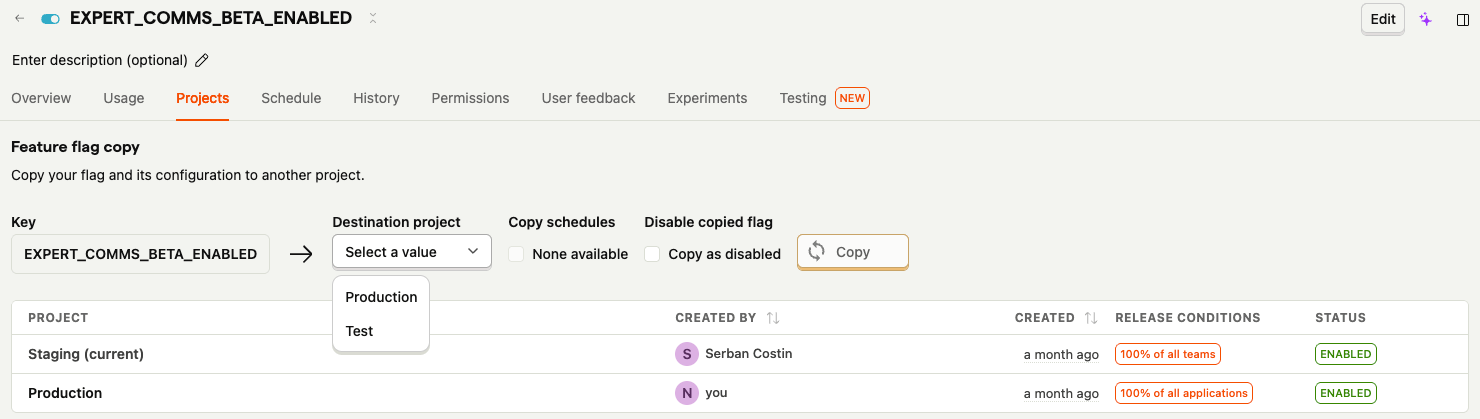 Copying a feature flag to another project from the Projects tab