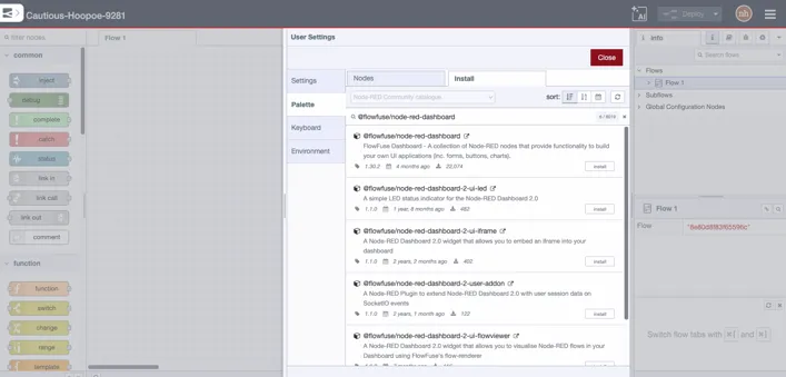 Node-RED Palette Manager dialog with the node selected and the Install button visible.