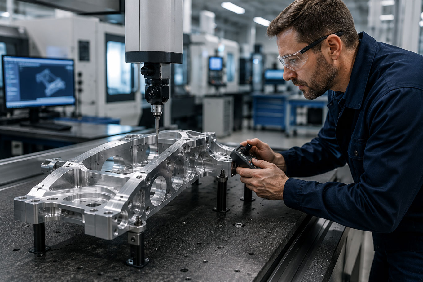 Quality engineer inspecting a precision-machined aerospace component using a coordinate measuring machine (CMM)