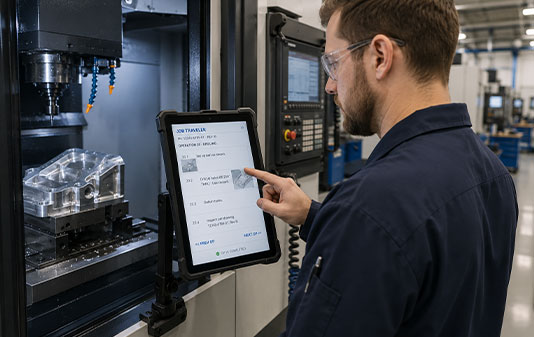 CNC machine operator following digital work instructions on an industrial tablet