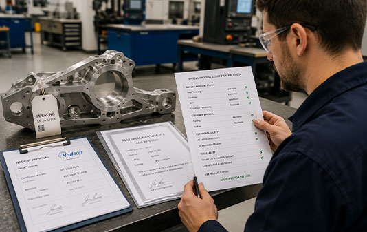 Quality inspector verifying material certificates and production approvals before releasing a machined aerospace component