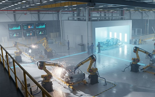 Automotive assembly line with robotic welding stations and real-time production monitoring for line stoppage detection and incident management.