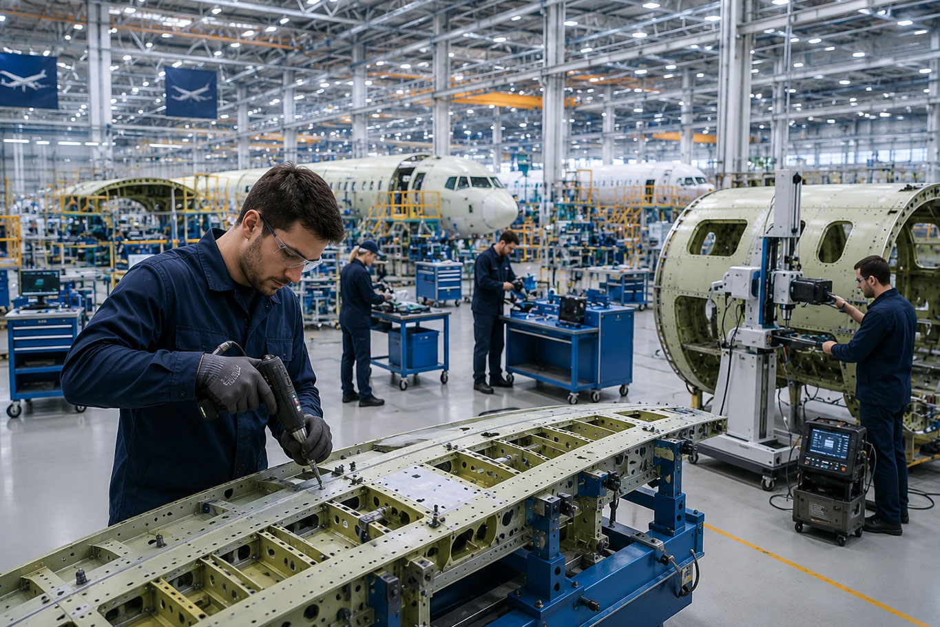 Technicians assembling aircraft structures across multiple aerospace production stations in a large manufacturing facility