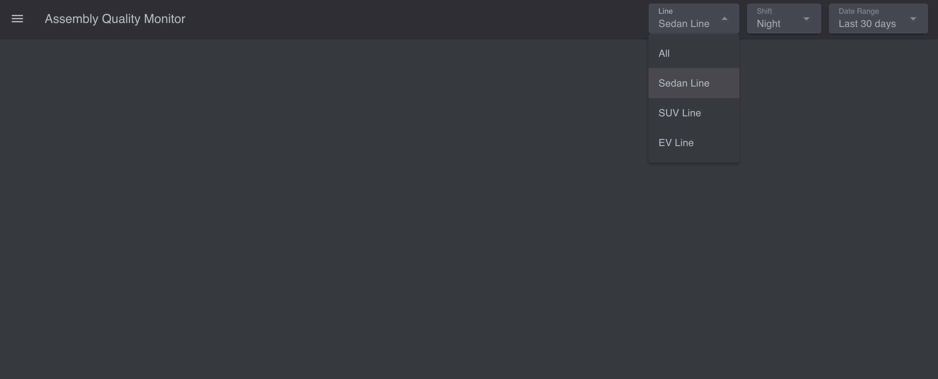 Screenshot: the three header dropdowns (Line, Shift, and Date Range) rendered in the dashboard header