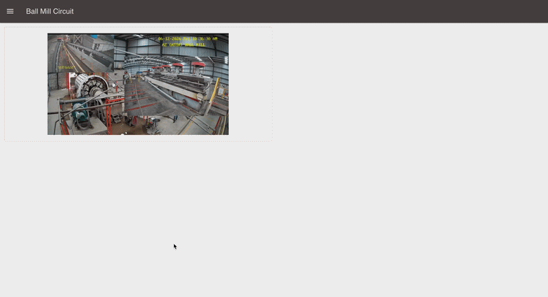 FlowFuse Dashboard 2.0 page showing a live frame from the mill camera, with the grinding mill, feed conveyor and flotation line visible