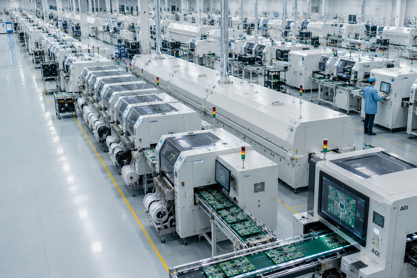Automated SMT production line with pick-and-place machines and PCB conveyors inside a modern electronics manufacturing facility
