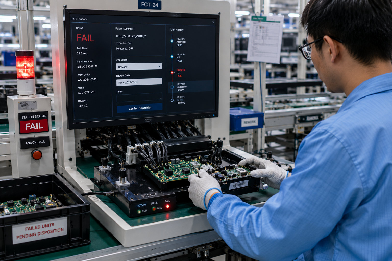 Technician removing a failed electronic control board from a functional test station for rework and traceability