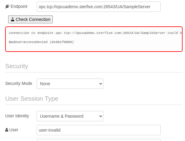 "A connection rejected with BadUserAccessDenied"