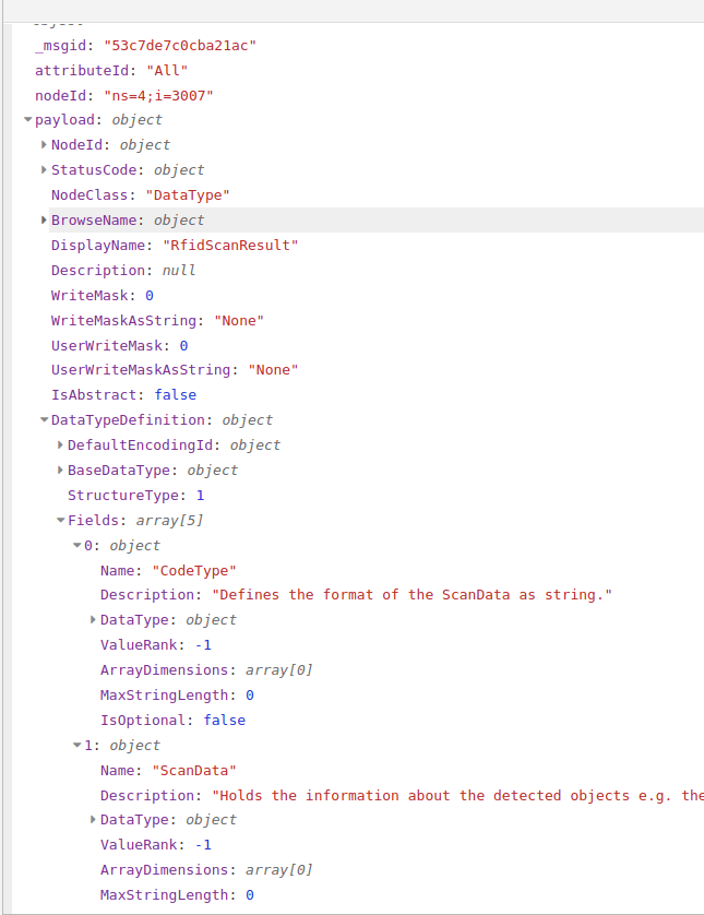 "Debug output of an All-attributes read showing a DataType definition"