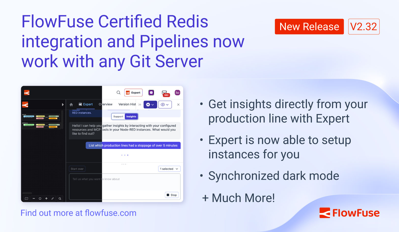 Image representing FlowFuse 2.32: Certified Redis, Git Pipelines for Any Server, Insights on Remote Instances, and Dark Mode