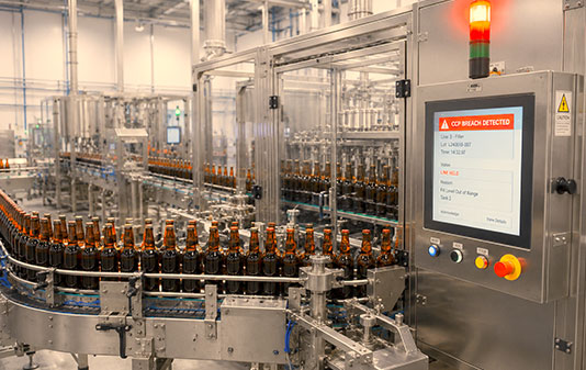 Bottling line control panel displaying a CCP breach alert while glass bottles move through an automated beverage production line in the background.