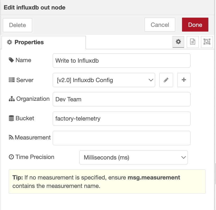 The influxdb out node configuration with token, org, and bucket fields