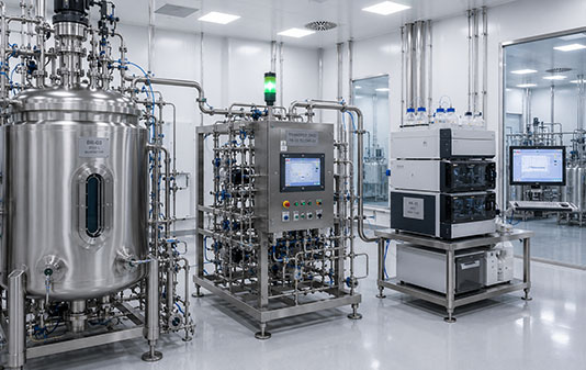 Bioreactor, process skid, and analytical instrument connected in a GMP biopharmaceutical manufacturing facility.