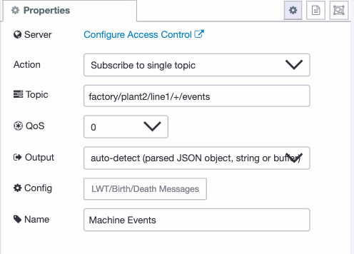 Screenshot: ff-mqtt-in node configuration panel with topic and QoS set