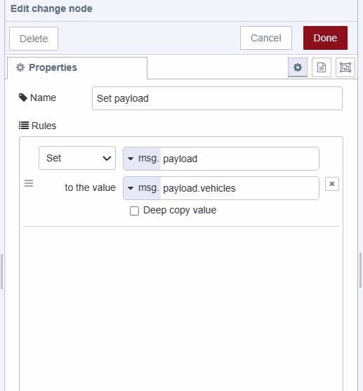 Screenshot of the Change node setting the payload to the vehicles JSON array containing actual vehicle location data