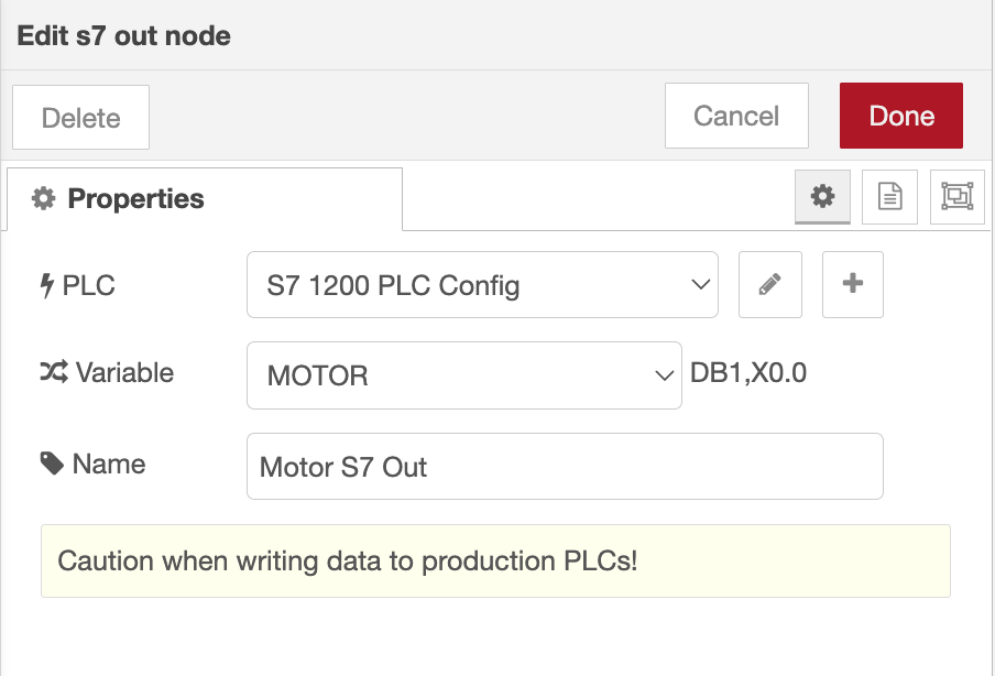 S7 Out node configured to write to the Motor variable using the S7 Endpoint