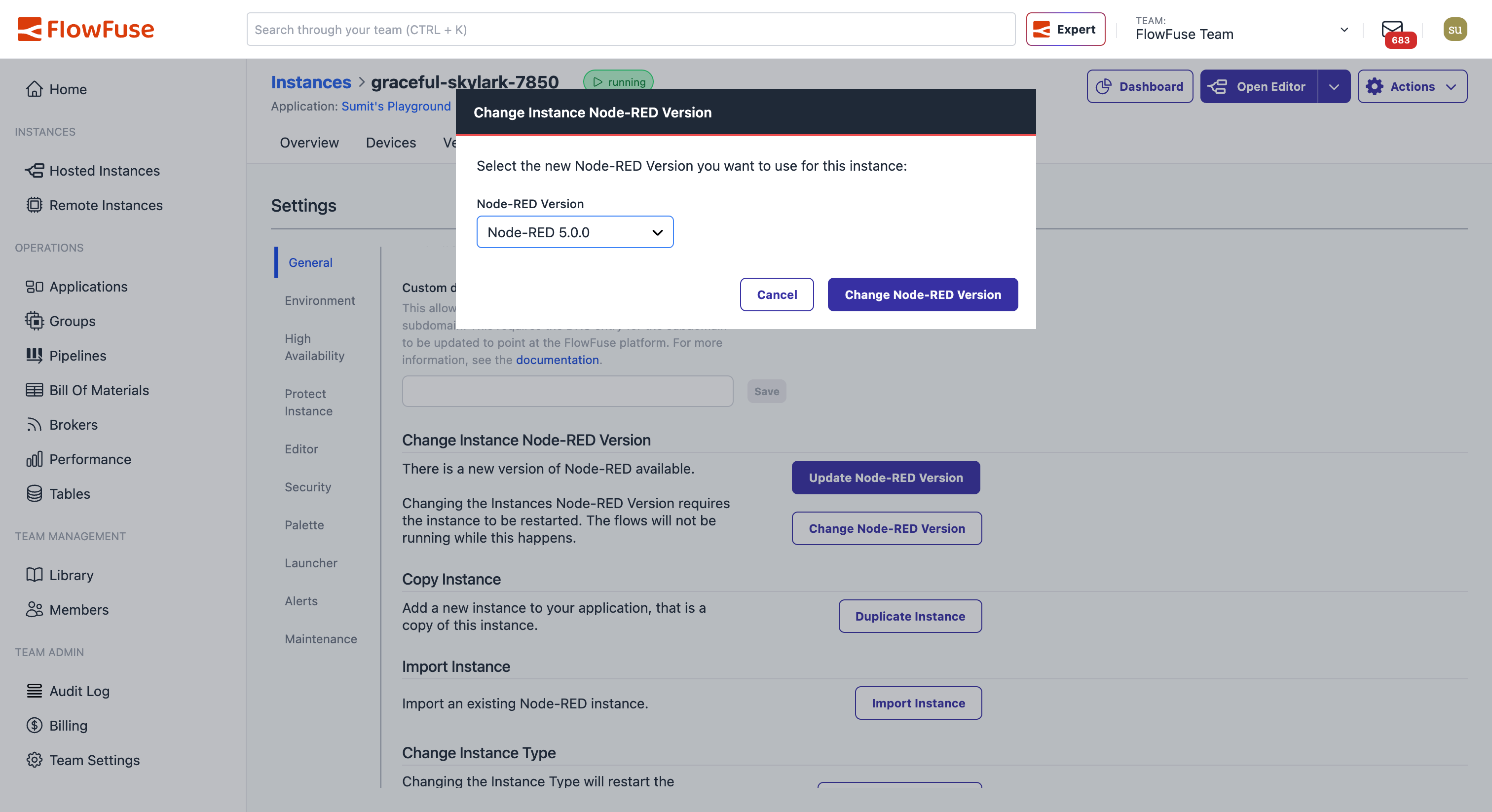 The FlowFuse instance settings showing the Node-RED 5 stack selected from the version dropdown.