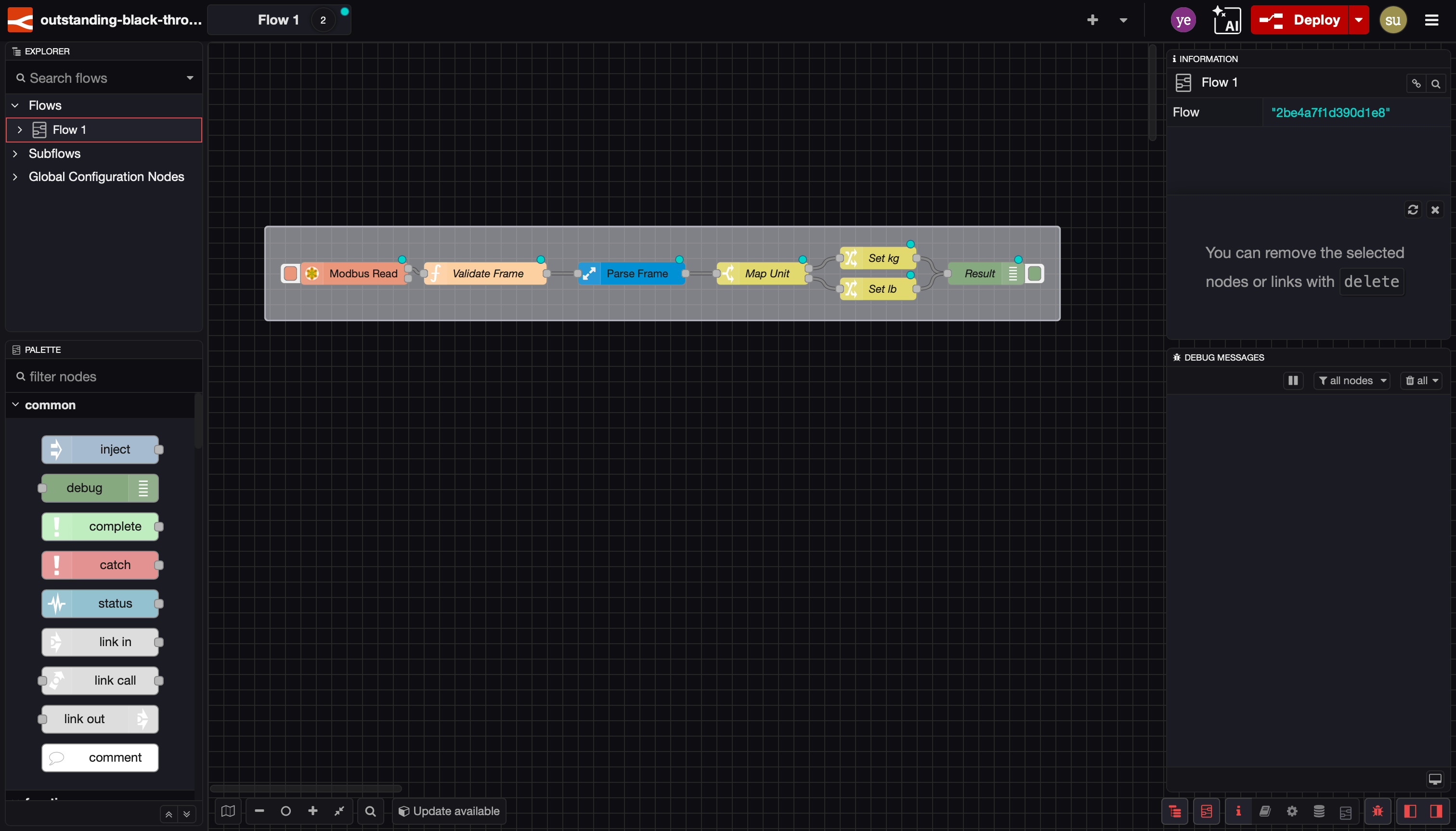 The Node-RED 5 editor in its built-in dark theme.