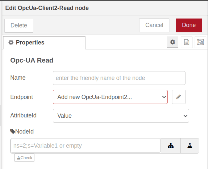 "The Read node configuration with endpoint, AttributeId, and NodeId fields"