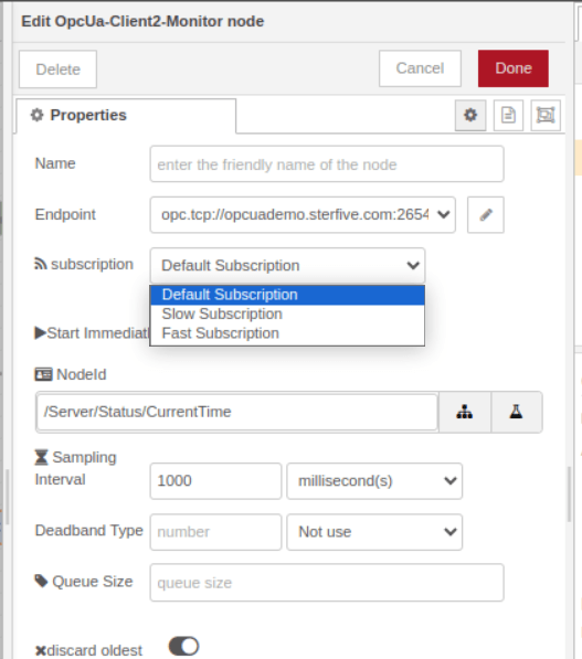 "The Monitor node configuration with subscription, NodeId, sampling interval, deadband, and queue size"