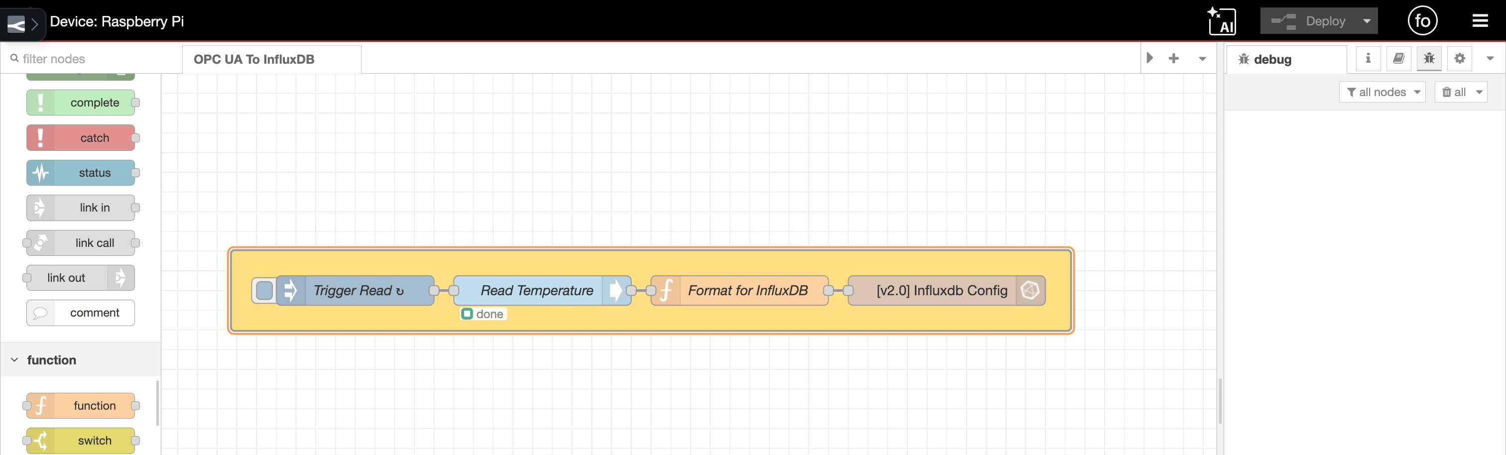 The finished flow on the FlowFuse canvas: inject → Read (OPC UA) → function → influxdb out