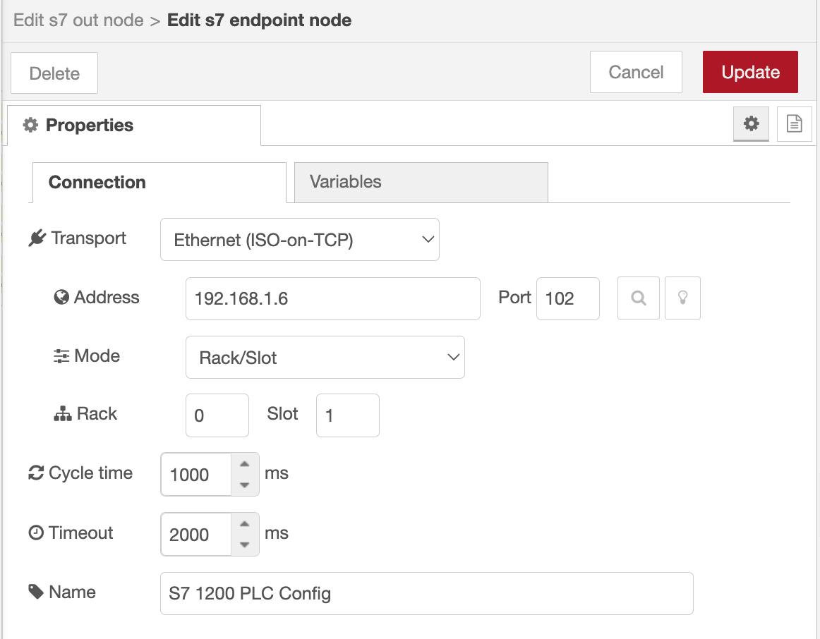 S7 Endpoint configuration showing transport, IP address, rack, slot, and cycle time fields