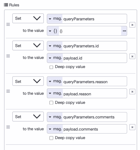 Screenshot: change node rules mapping the submitted id, reason, and comments into queryParameters