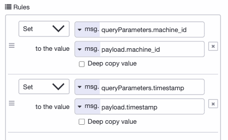 Screenshot: change node rules mapping payload fields to queryParameters