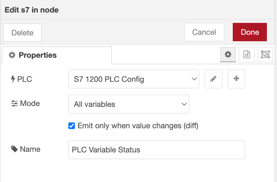 S7 In node set to All Variables mode connected to a Debug node, with the Debug panel showing the live PLC state object
