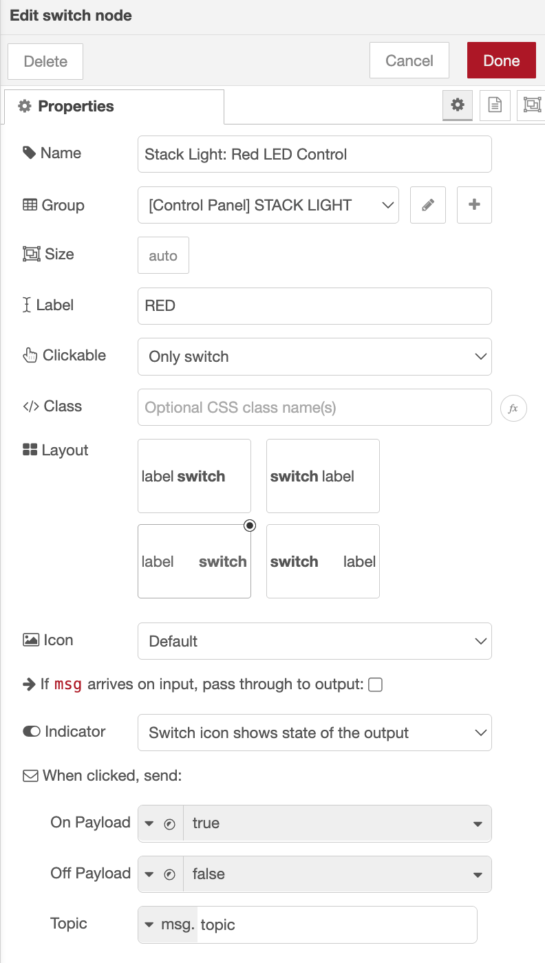 Switch widget configuration for Red Light with ON payload true and OFF payload false