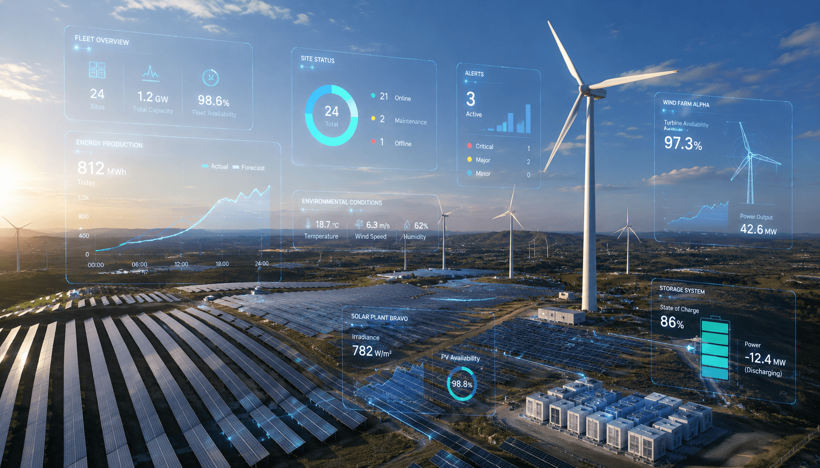 Aerial view of a wind and solar farm with data overlay showing real-time monitoring metrics.