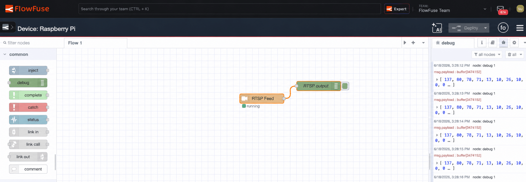 Debug sidebar showing a stream of PNG buffer messages arriving from the RTSP Feed, one per captured frame