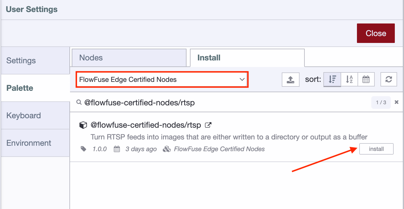 FlowFuse Palette Manager open on the Install tab, with the FlowFuse Edge Certified Nodes catalogue selected and the RTSP node's Install button highlighted