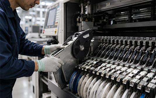 SMT production line changeover with technician replacing component feeders