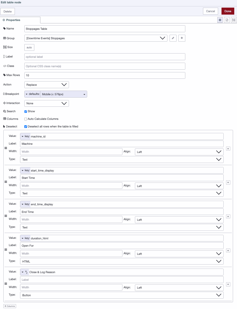 Screenshot: ui-table node column configuration panel